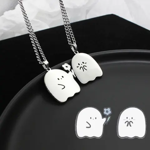 Stainless Steel Cute Ghost Couple Necklace Kawaii Animal Cat