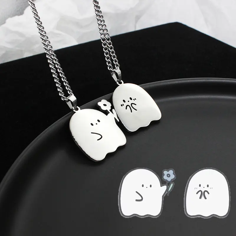 Stainless Steel Cute Ghost Couple Necklace Kawaii Animal Cat