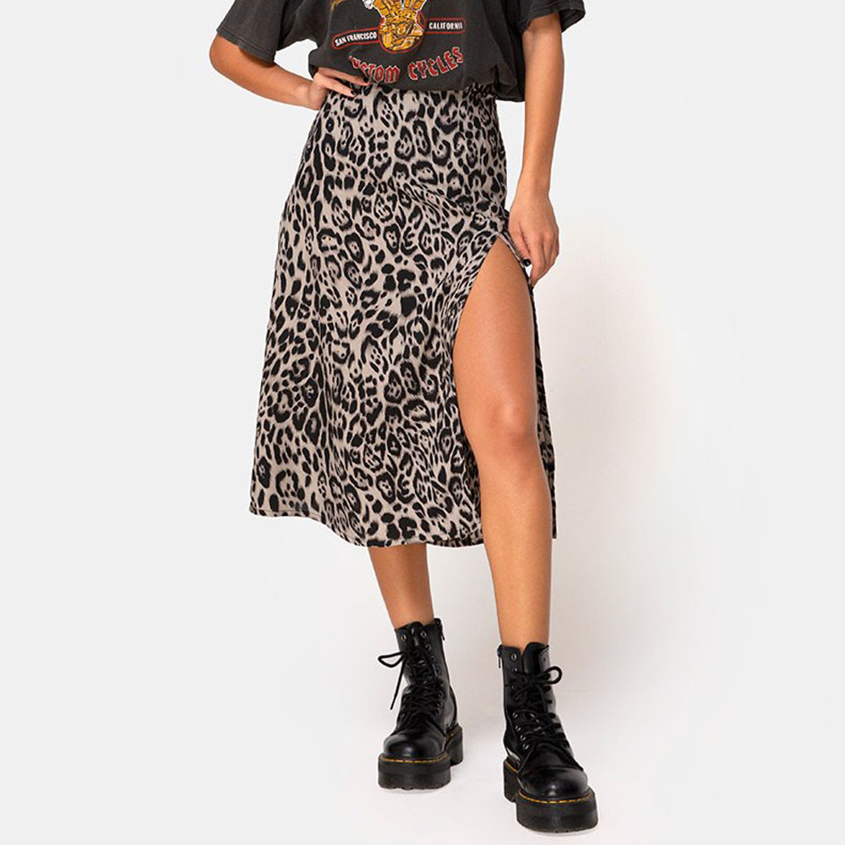 Floral Leopard Print High Waist Stretch Slit Long Skirt Grey - Shop at LoveMi