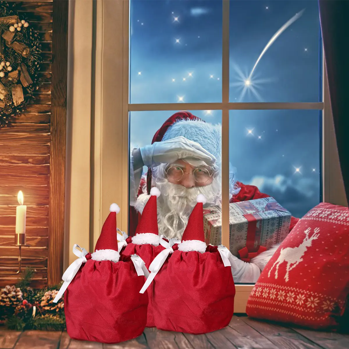 5 Packs Christmas Treat Bags With Drawstring 3D Xmas Santa Hat Gift Wrapping Bags Velvet Candies Goodie Bag For Christmas Birthday Wedding Party Favor Supplies
