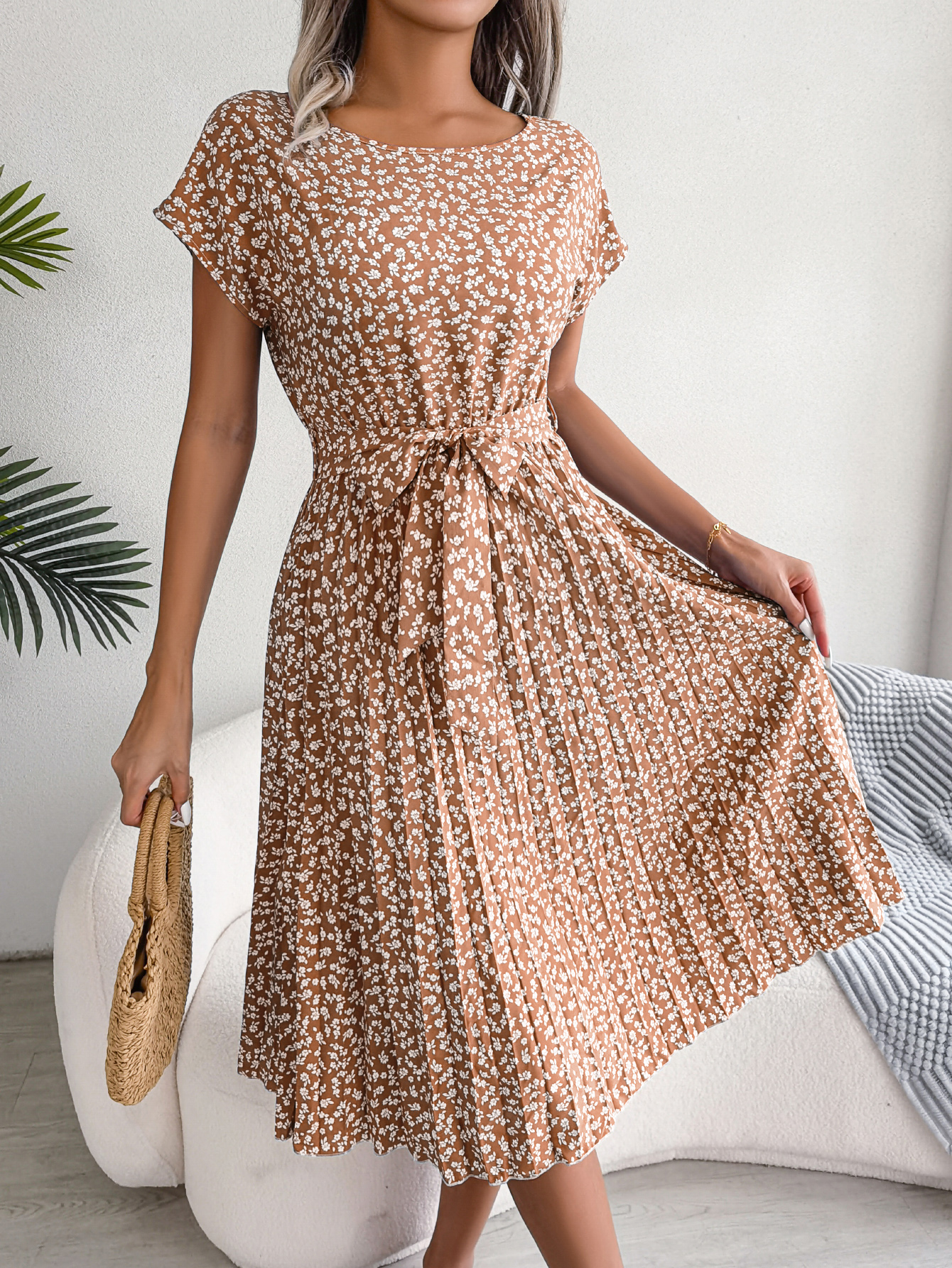 Women Casual Short Sleeve Floral Print Flowy Pleated Skirt thumbnail 5