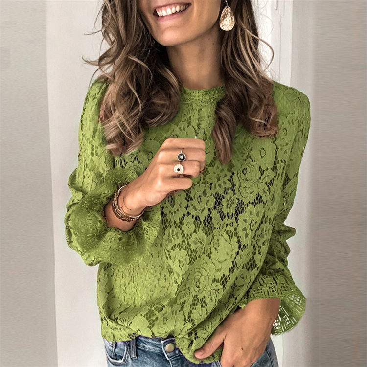 Women's long-sleeve hollow lace splicing top in Rose Red – street style lace top with zipper and hollow detail, styled for casual wear
