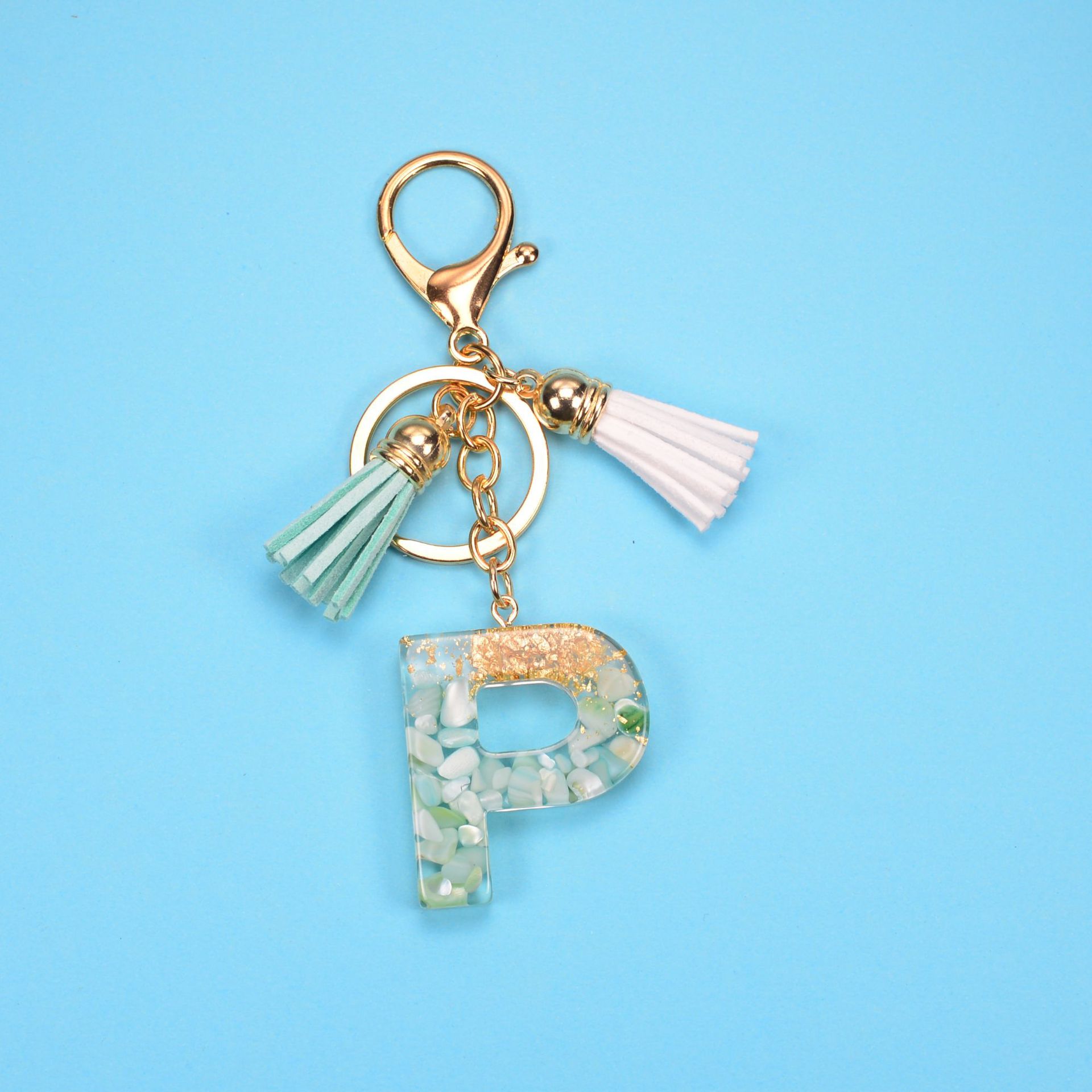 English Alphabet Keychain Tassel Pendant Stone Gold Foil Resin Key