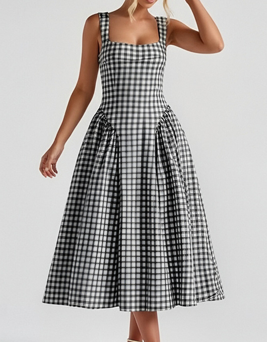 Square Neck Polka Dot Waisted A-Line Midi Dress