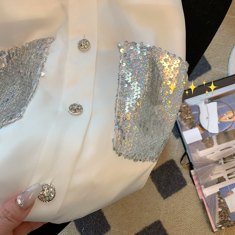 Title 4, Womens Spliced Sequin White Blouse for a glamo...