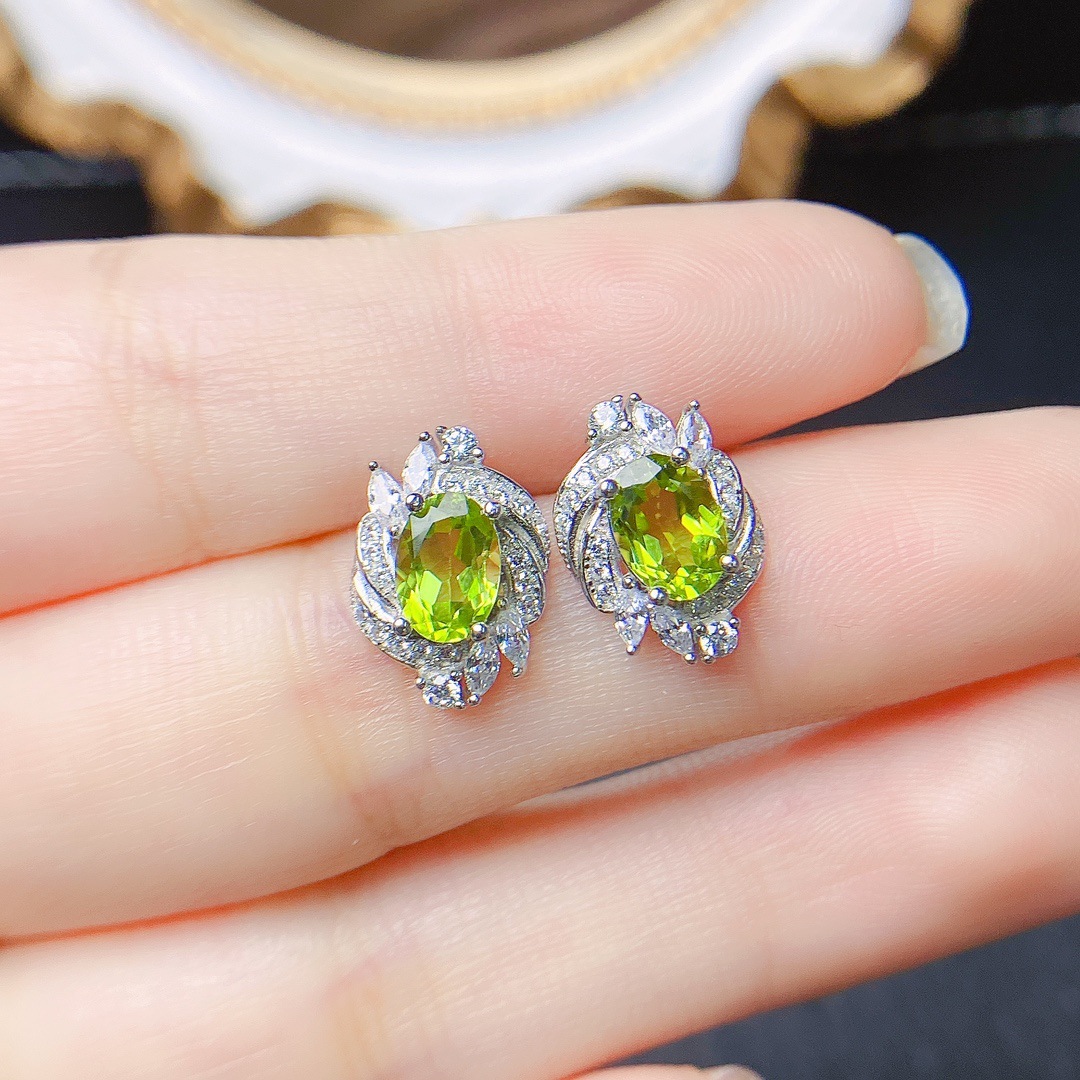 Title 1, Natural Olivine Stud Earrings S925 Silver Inlai...