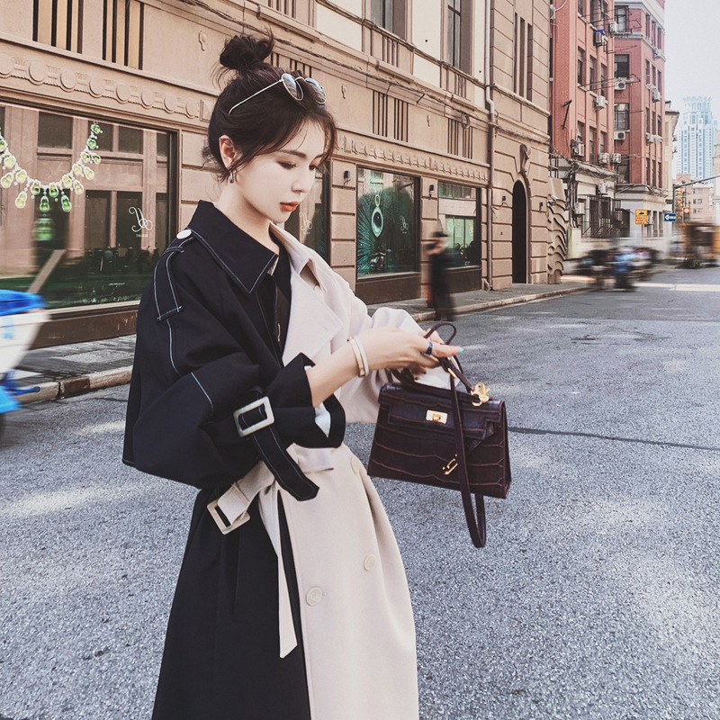 Stitching Contrast Windbreaker Mid length Loose Coat White - Shop at LoveMi