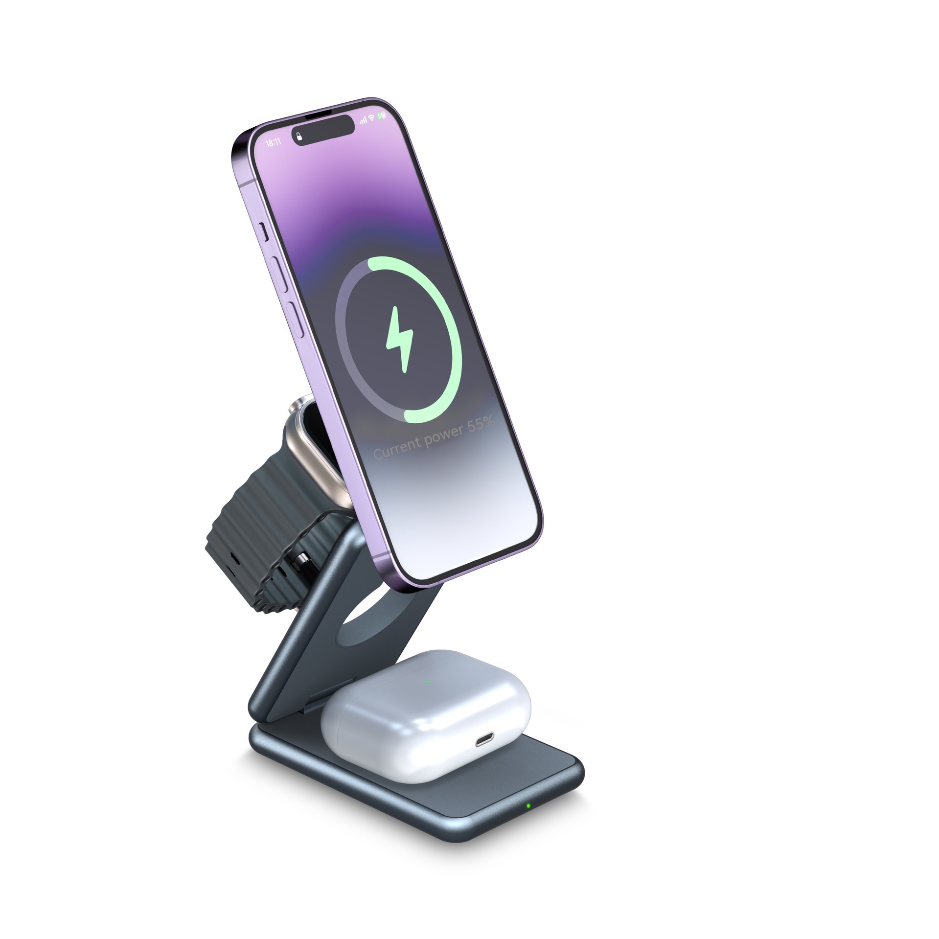 Aluminum Alloy Folding Wireless Charging Bracket Mobile Phone Headset Watch Three-in-one 15W Magnetic Fast