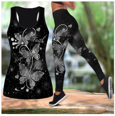 Summer Vest Butterfly Print Women outfit Hollow Tank Top+Yoga