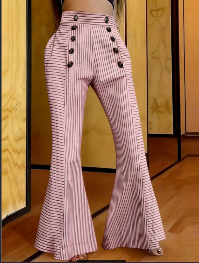 Striped High Waist Button Detail Flare Pants