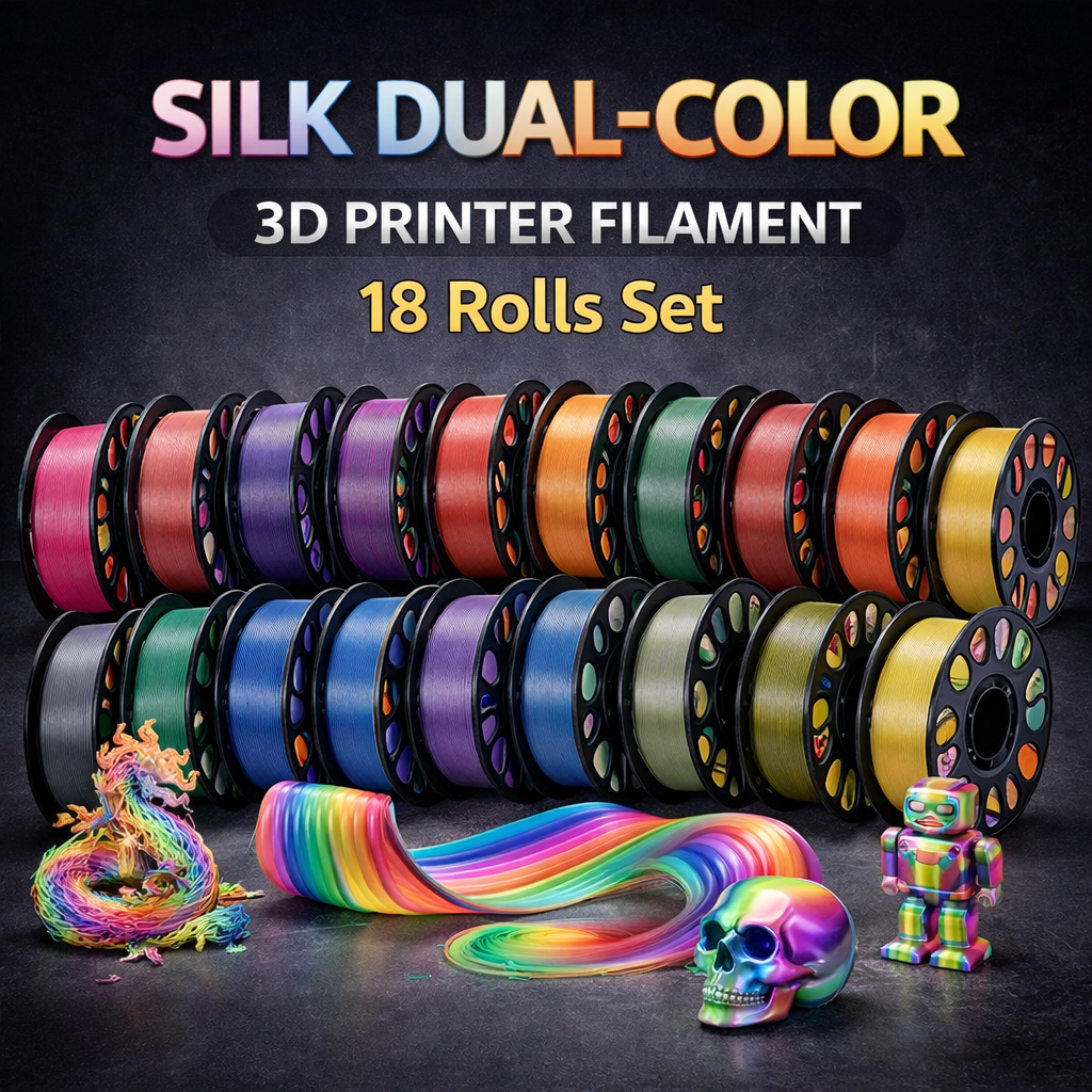 Dual Color Silk PLA Filament Set, 18 Rolls 3D Printer Filament Bundle, Glossy Shiny Finish, Smooth Printing Material