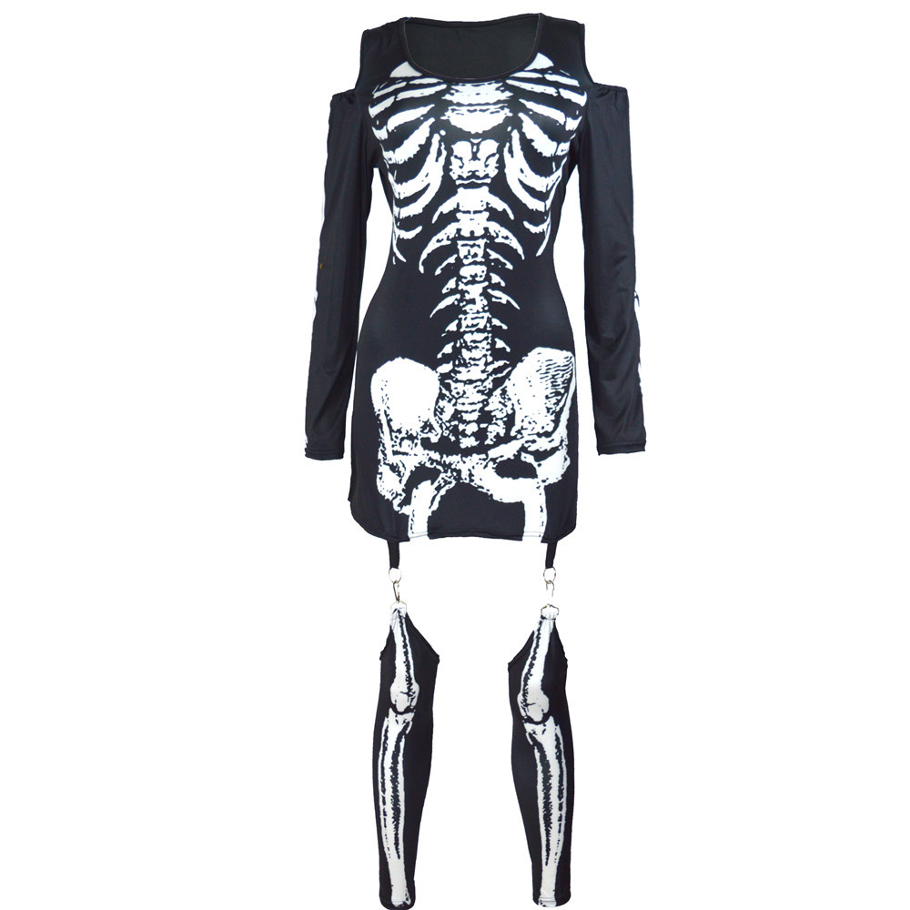 Skull Skeleton Print Sexy Off-shoulder Halloween Costume Dark Performance Costume