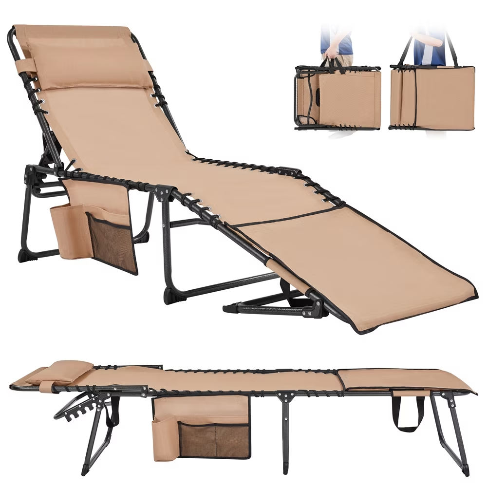 Outdoor Folding Adjustable Tanning Chair With Face Hole, Beige