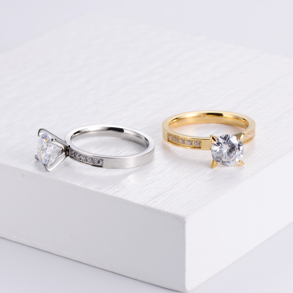 Fashion Women's Four Prong Diamond Stainless Steel Ring