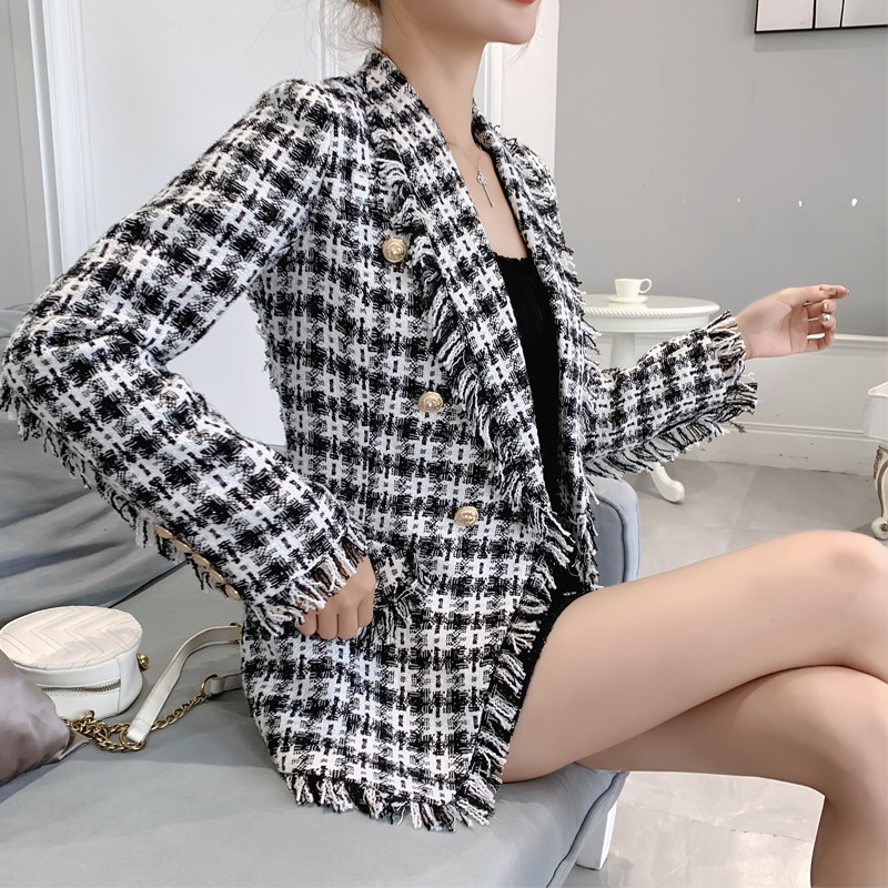Woolen Plaid Small Fragrant Milk Suit Jacket Women's Mid-length Double-breasted