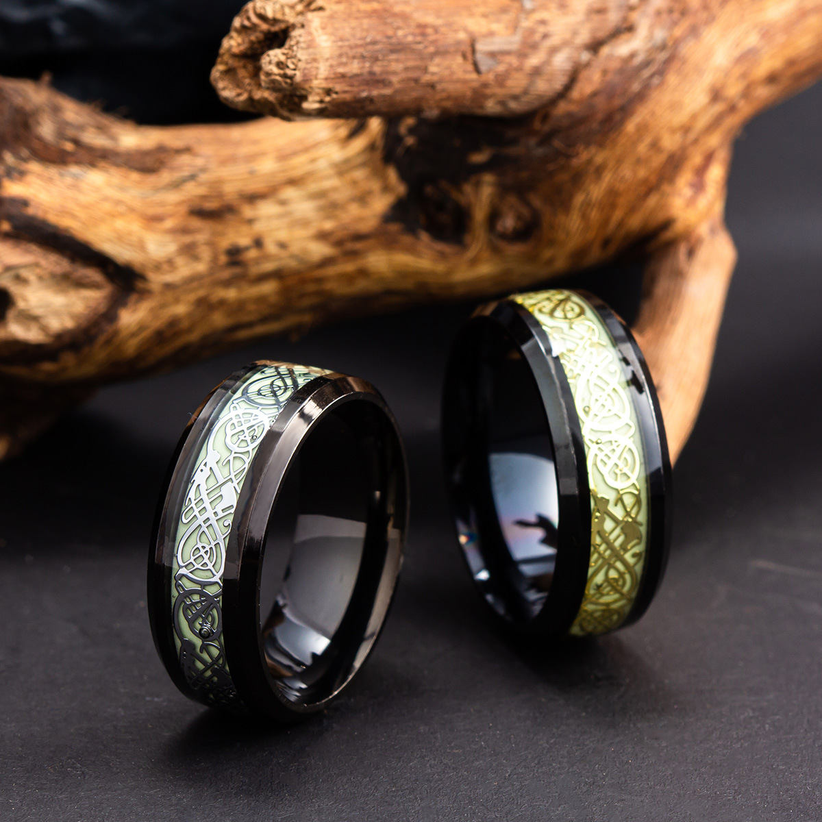 Ornament Plated Black Noctilucent Dragon Pattern Fluorescent Ring