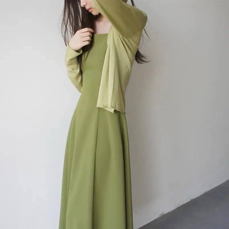 Avocado Green Suspender Waist Trimming Below The Knees Type A Dress