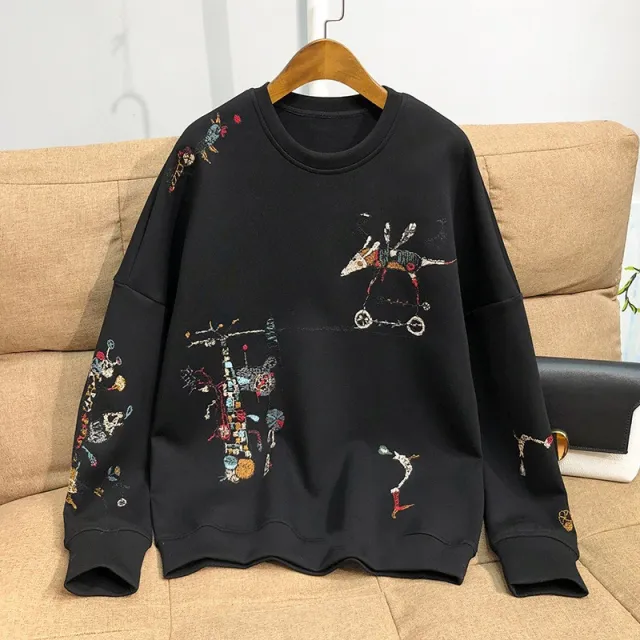 Youthful Vitality Soft And Delicate Embroidered Cotton Sweatshirt Black - Shop at LoveMi
