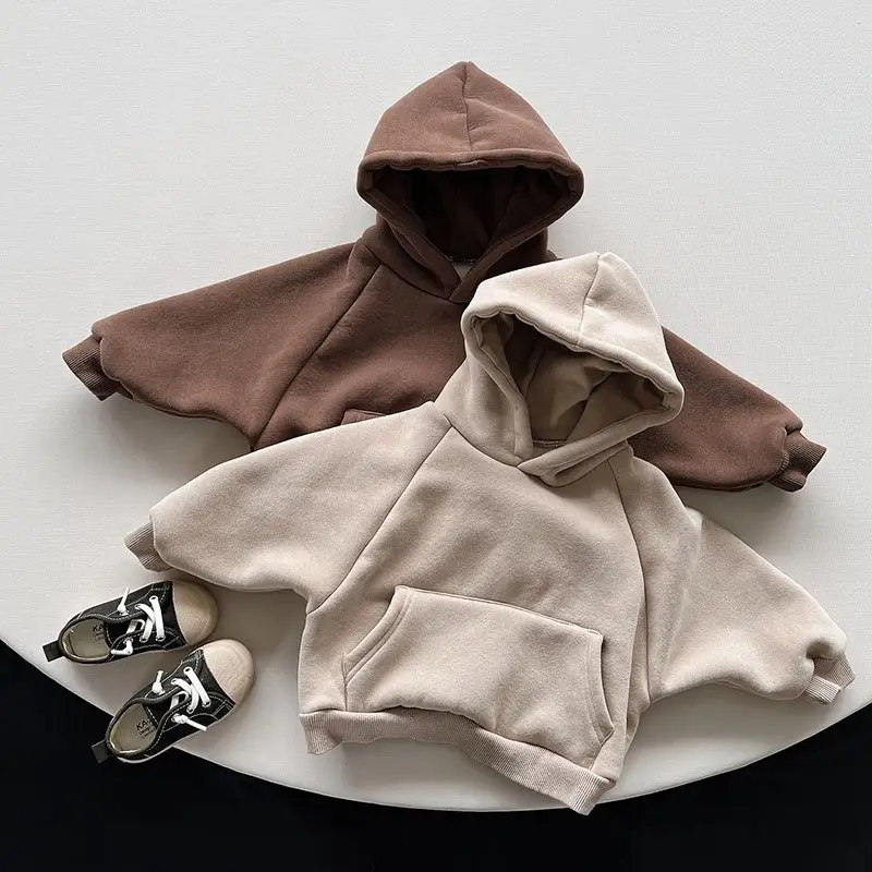 Boys And Girls Fashion Simple Hooded Plus Fleece Pullover Sweater