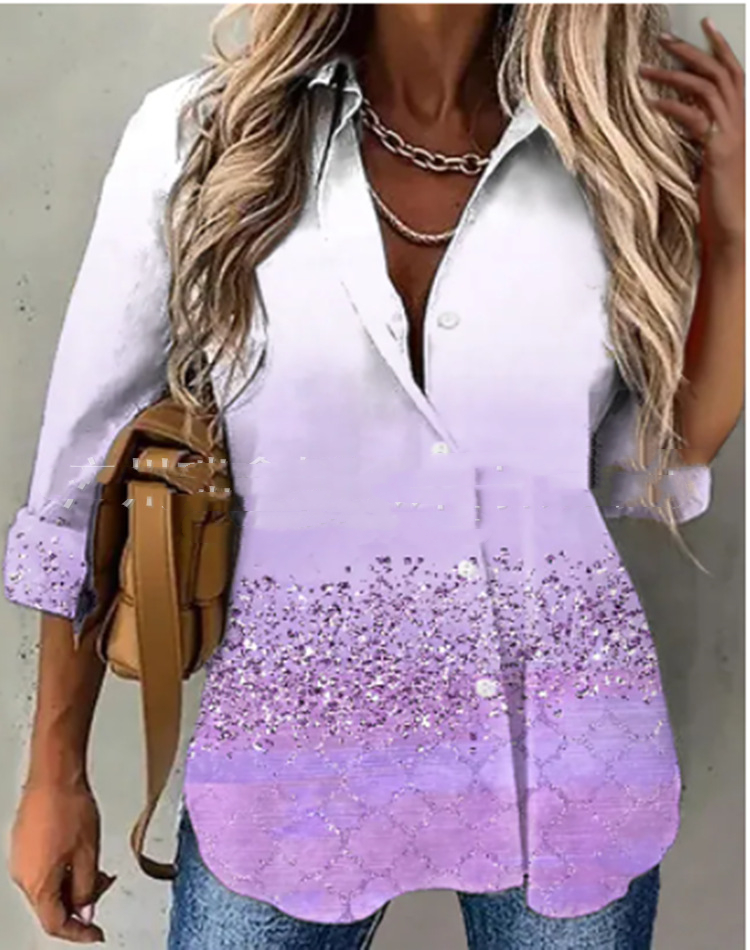 Women's Casual Printed Lapel Long Sleeve Shirt