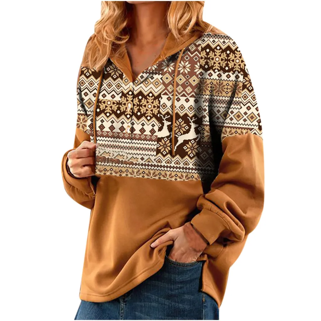 Ladies Short Casual Hooded Christmas Sweater - Khaki