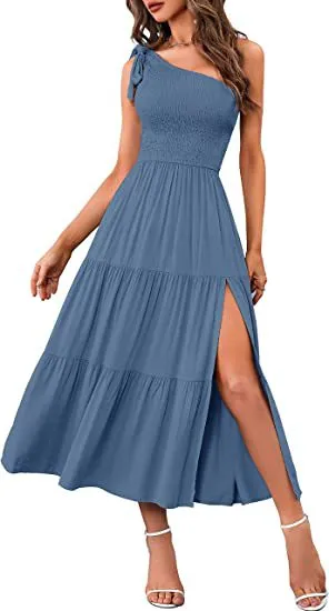 New Summer Fashion Women's One shoulder Pleated Layered Hem Split Dress Denim Blue - Shop at LoveMi