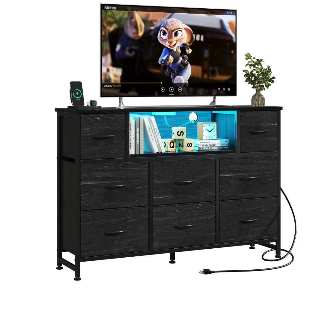 A Storage Cabinet With 8 Fabric Drawers And An Electrical Socket, And An LED TV Cabinet With USB And Type-C Interfaces