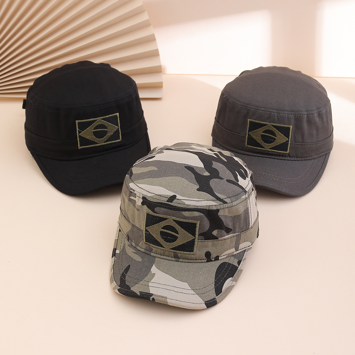 Cross-border Military Enthusiasts' Flat-top Baseball Cap With Embroidered Brazilian Flag, Curved Brim, Casual Mountain Climbing Beanie Hat