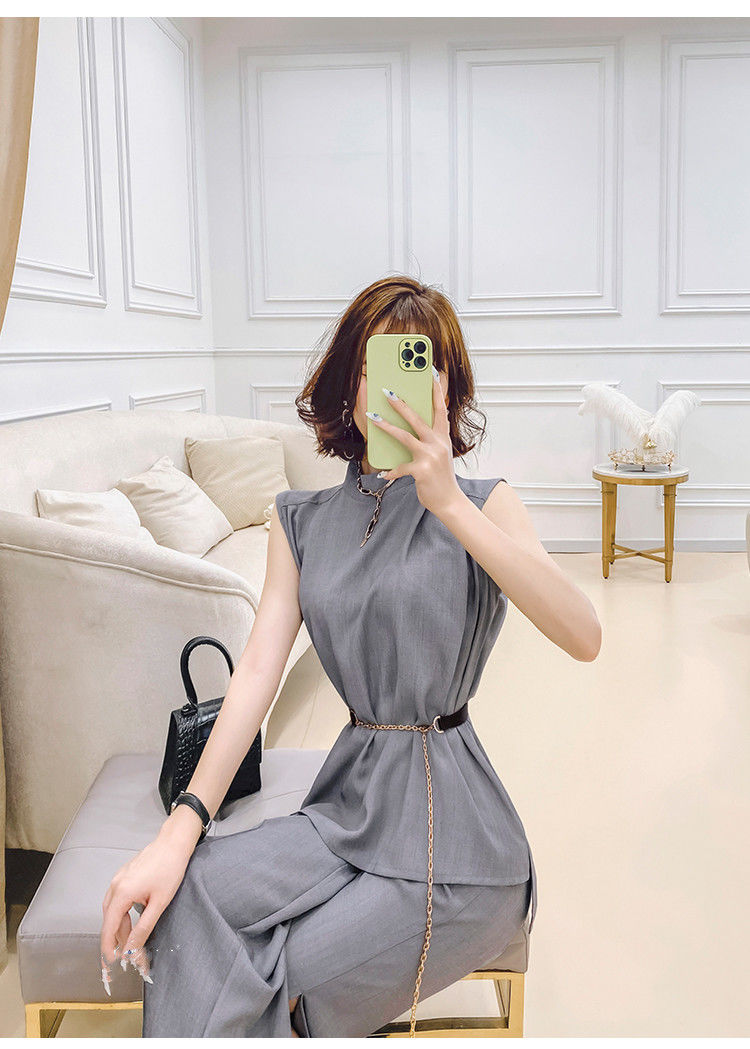 New Style Gray Temperament Sleeveless Top Split Wide Leg Pants