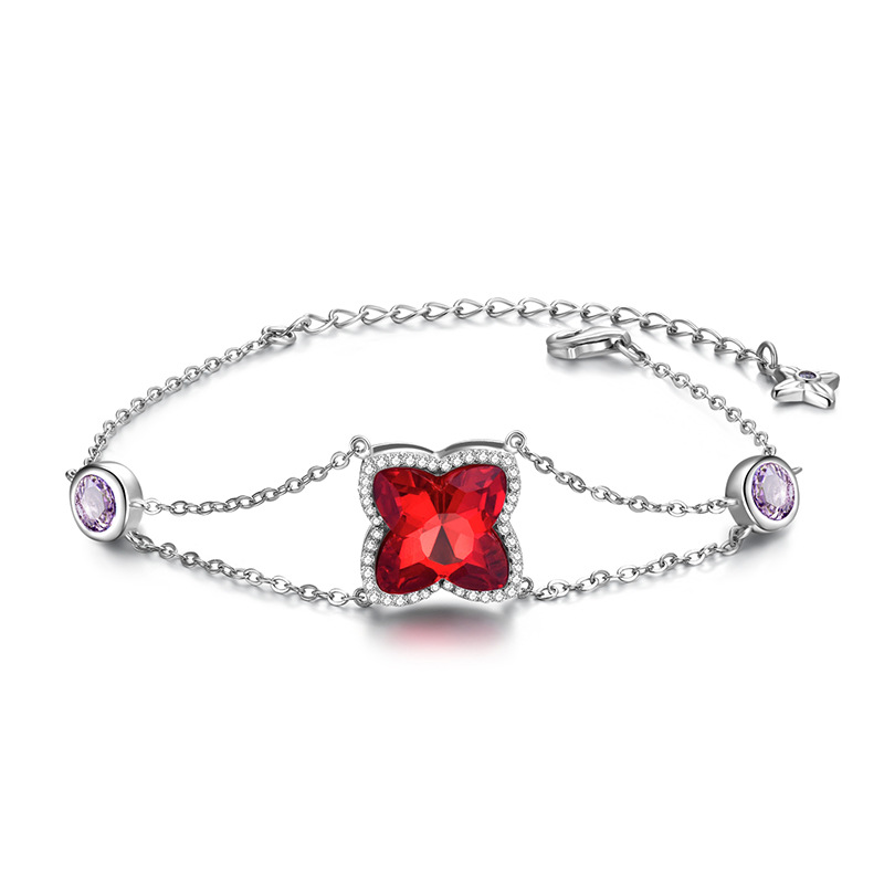 Title 1, Clover S925 Sterling Silver Bracelet with Red Z...