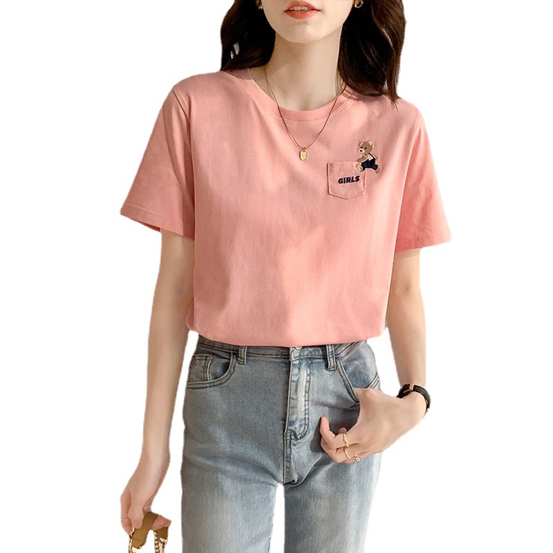 Girly New Pocket Bear Embroidery Loose Cotton Short Sleeves