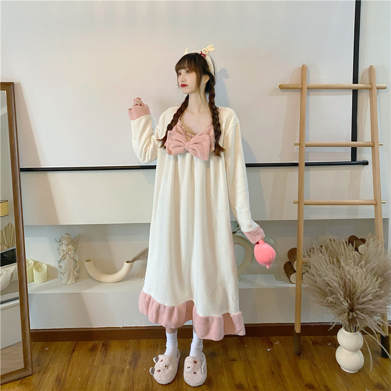 Title 9, Winter Cute Plush Bow One-piece Long Pajamas