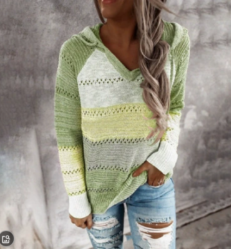 Color Blocking Hollowed Out Striped Hooded Knitted Long Sleeved Top