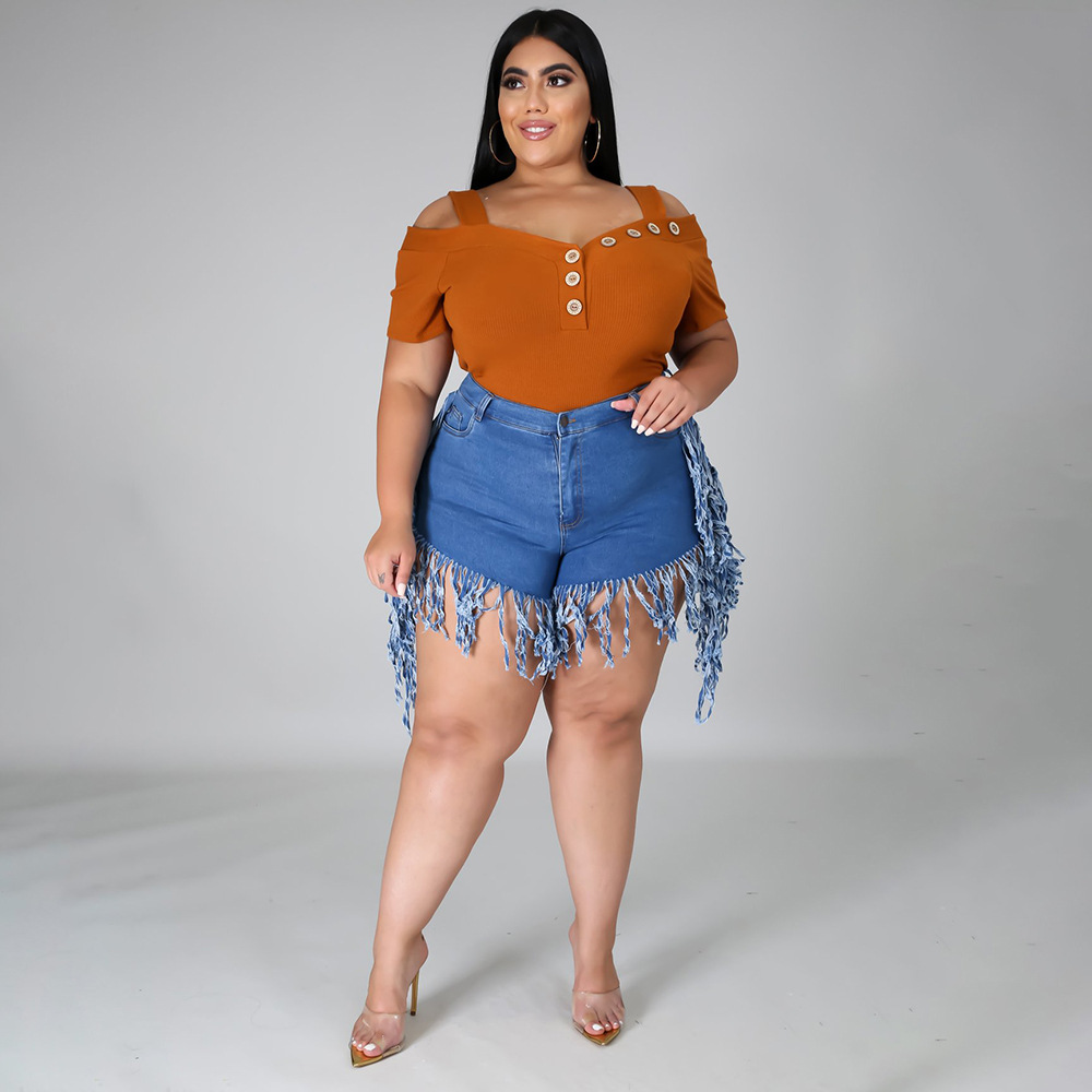 Ripped Fringed Brushed Denim Shorts Plus Size Women'S Casual Straight Leg Pants Blue - Shop at LoveMi