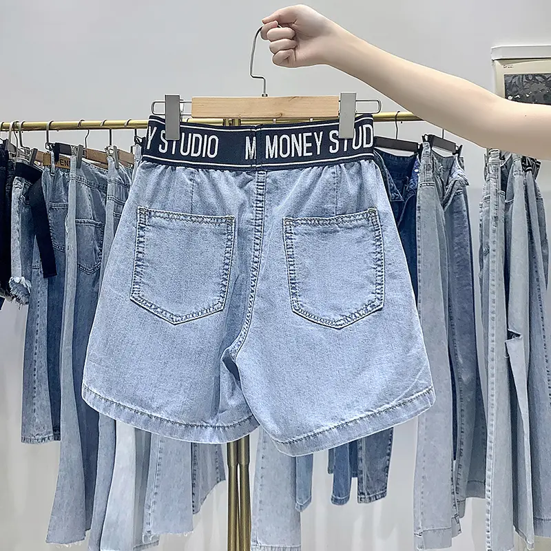 Denim Shorts Women Embroidered High Waist A-line Loose Wide-leg Pants