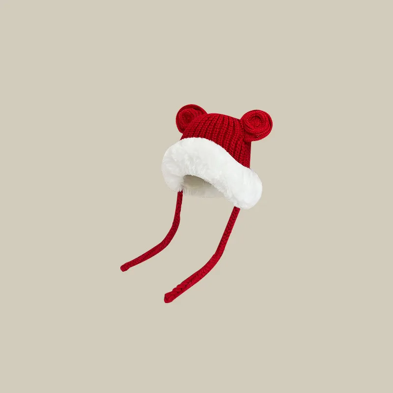Cute Ears Plush Knitted Lei Feng Cap Women's Autumn And Winter Warm Hat - Red