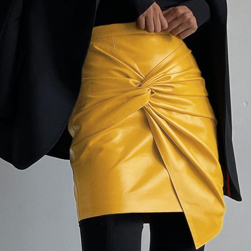 New European And American Leather Skirts Cross Bow Buttocks Yellow - Shop at LoveMi