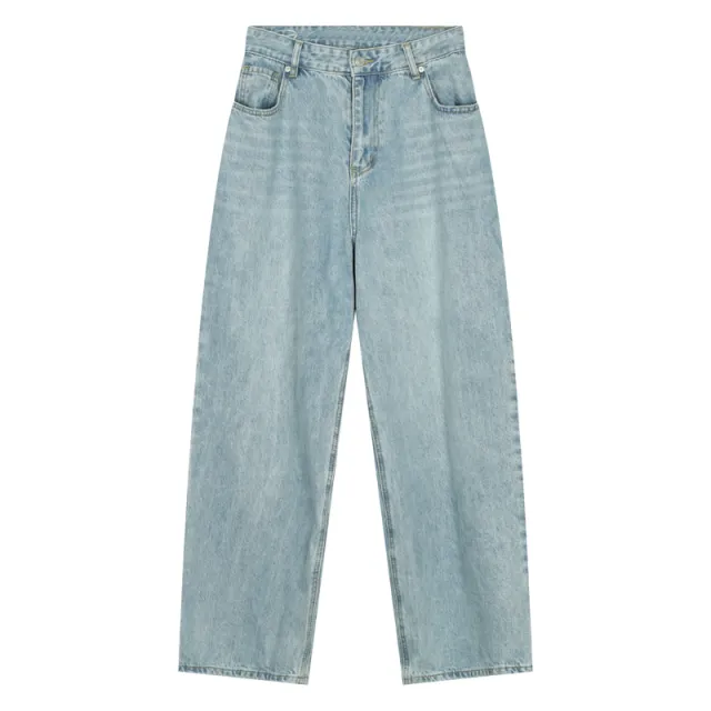 Korean Style Frayed Distressed Metal Design Straight leg Ins Jeans Blue - Shop at LoveMi