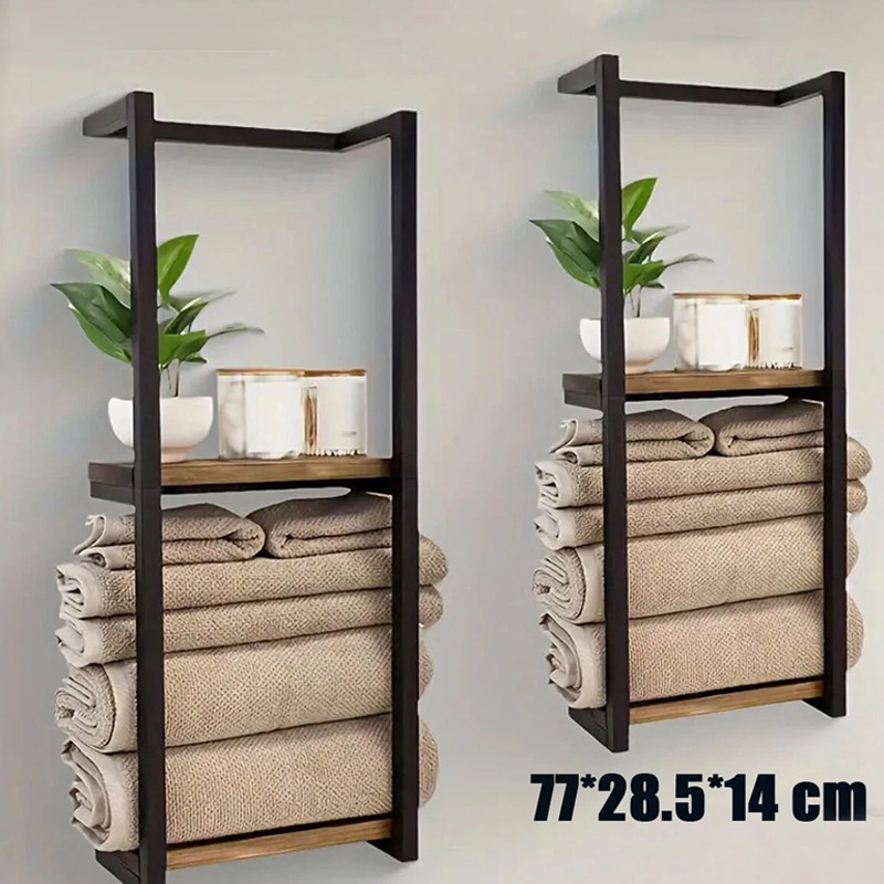 Wall Mounted Towel Rack Metal Storage Shelf Holder Rail-Bathroom Organizer Black — image 6