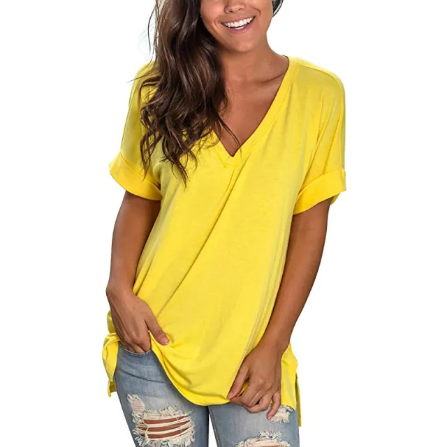V neck Solid Color Short sleeved Top Loose Women's T shirt Yellow - Shop at LoveMi