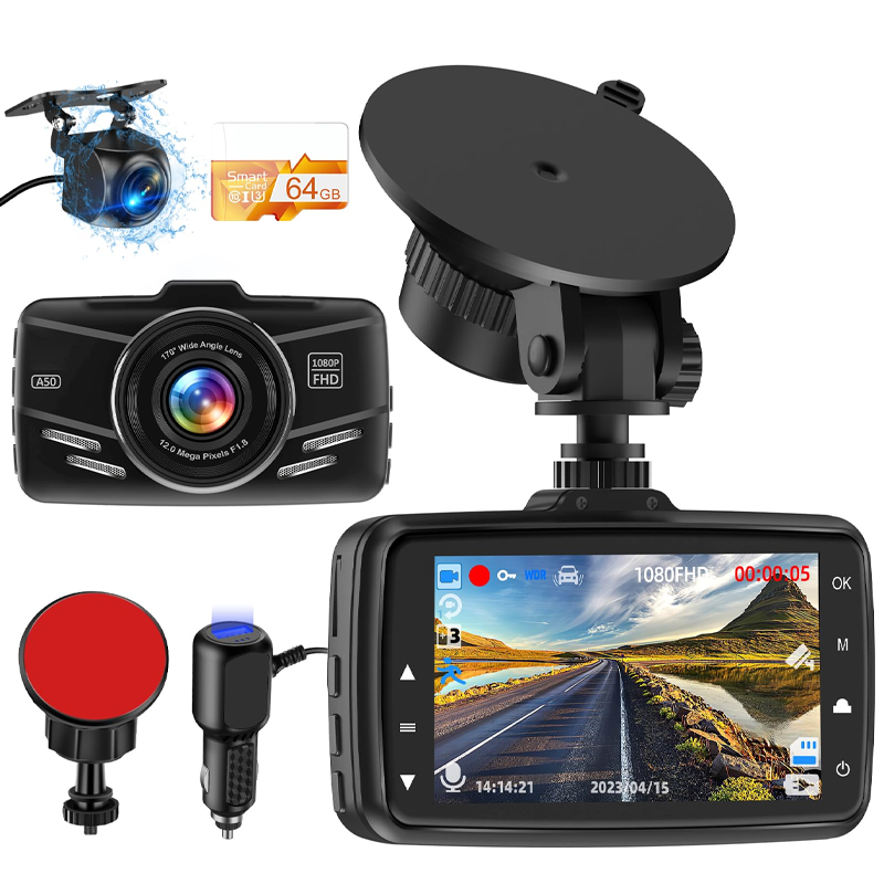 Dash Cam Front And Rear Camera, 1080P Dual Dashcams For Cars With 64GB Card, Car Dashboard Camera With Night Vision, G-Sensor, WDR, Loop Recording, Parking Monitor