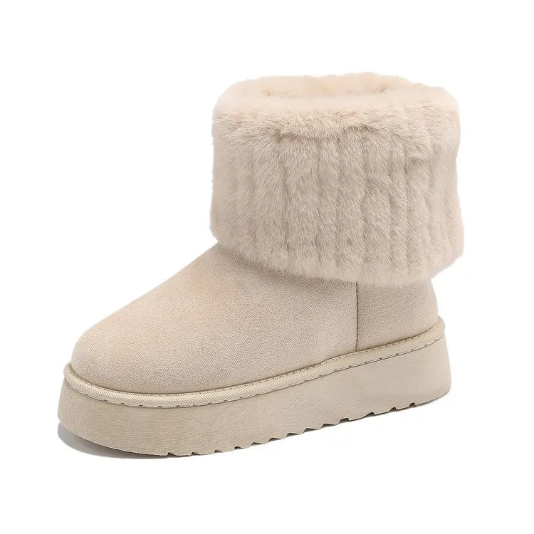 Thick-soled Plush Snow Boots Winter Warm Mid-tube Furry Cotton Shoes For Women Short Boot - Beige