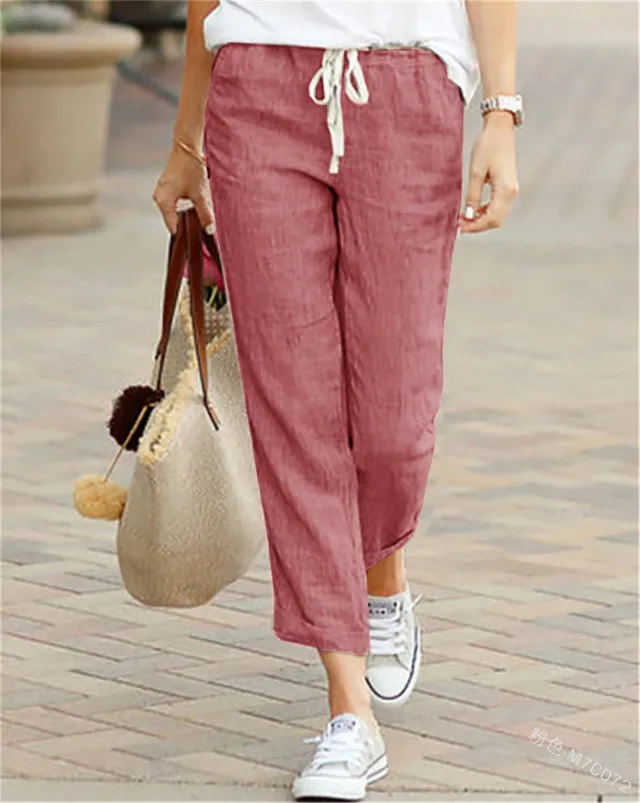 Drawstring elastic waist cotton and linen pants Claret M - Shop at LoveMi