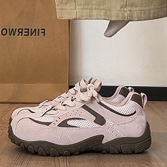 Women Gorpcore Vintage Mesh Suede Spliced Hiking Sneakers, Breathable Hollow Mesh Low Top Lace Up Rugged Lug Rubber Sole Outdoor Casual Walking Trainers product image