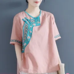 Embroidered Literary Retro Linen Blouse For Women - Pink - View 1