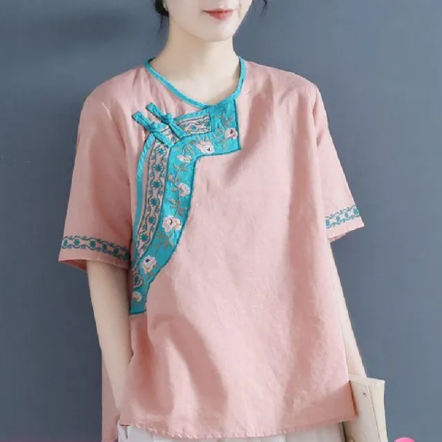 Embroidered Literary Retro Linen Blouse For Women Pink - Shop at LoveMi