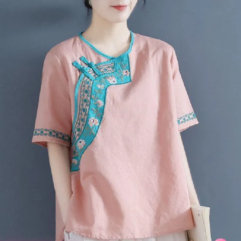 Embroidered Literary Retro Linen Blouse For Women - Pink
