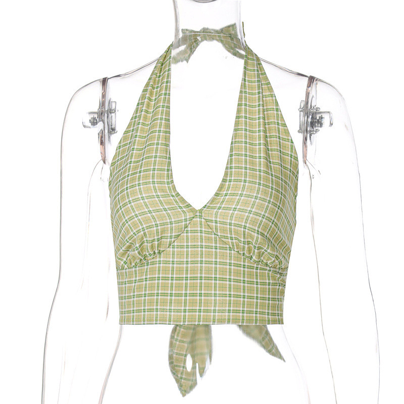 Lace-up V-neck Camisole Straight-leg Checked Trouser Suit