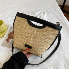 Straw Simple Shoulder Tote Bag - Black - View 1