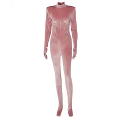 Fashion Turtleneck Long Sleeve Finger Wrap One Piece Ladies Velvet Jumpsuit - Pink - View 1